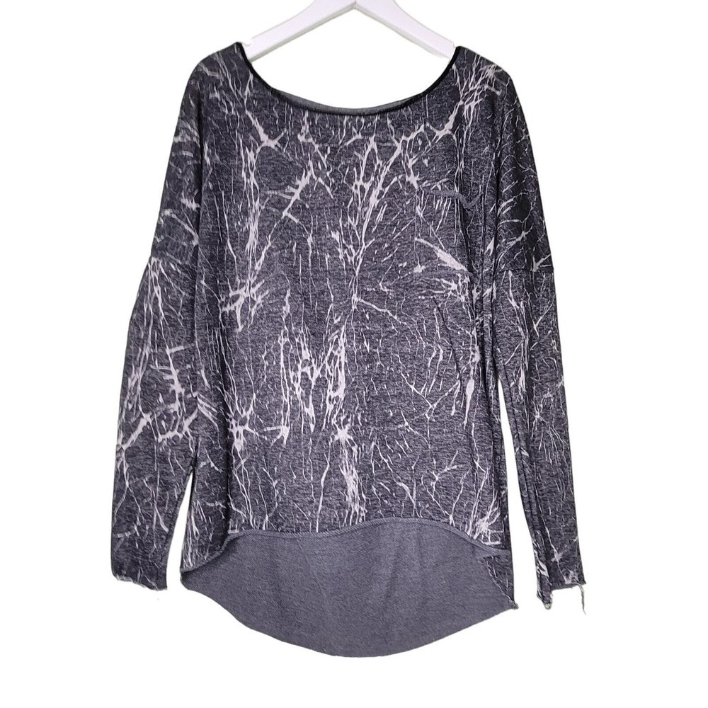 Womens Gray Black Sweatshirt Raw Hem Cutout Hi Low Faux Leather Trim Grunge‎ M